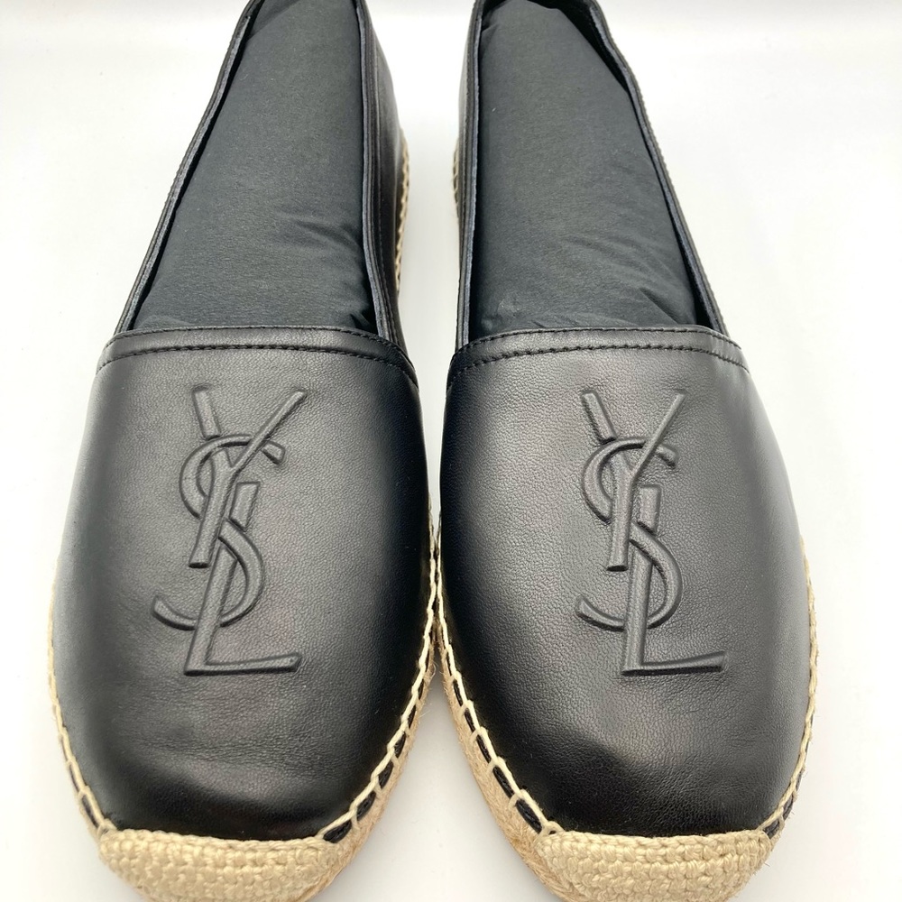 SAINT LAURENT YSL Flat Espadrilles Black Leather Size 40 US 10